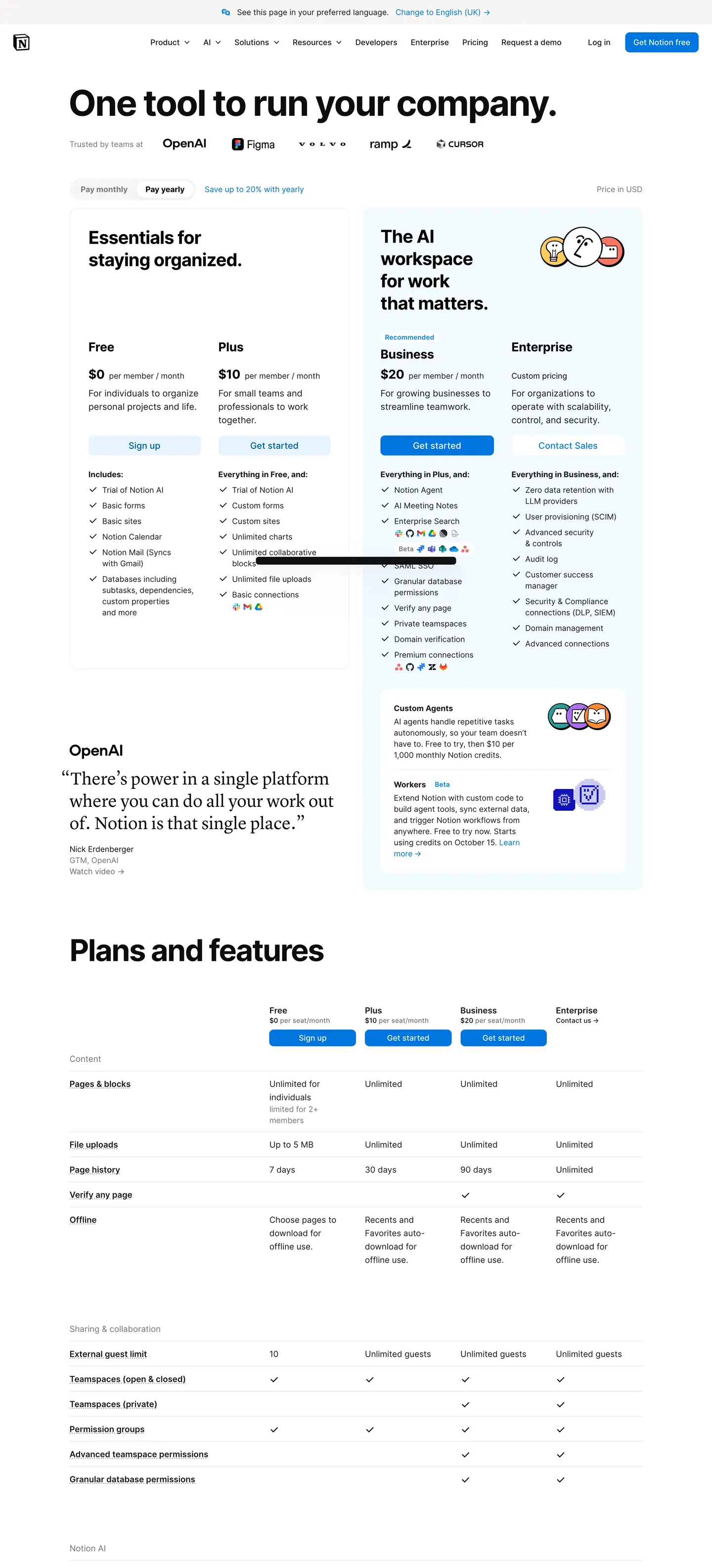Notion Pricing Plans: Free, Plus, Business, & Enterprise., captured full length on desktop